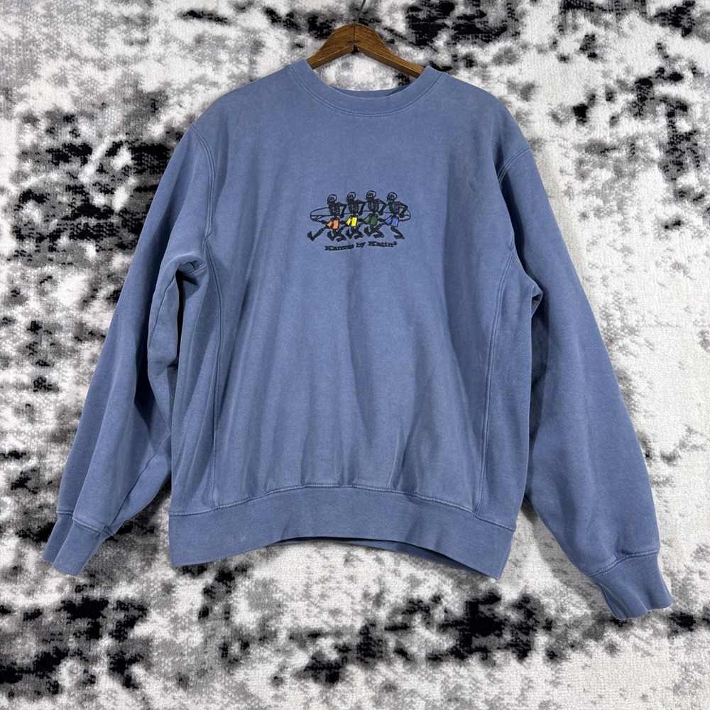 Katin Kanvas‎ Pullover Mens Small Blue Embroidery Skeleton Long Sleeve Cotton